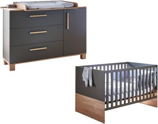 Arthur Berndt 'Cloe' Babyzimmer Sparset 2-teilig, Kinderbett (70 x 140 cm) und Wickelkommode mit Wickelaufsatz Lava Matt / Eiche Sägerau