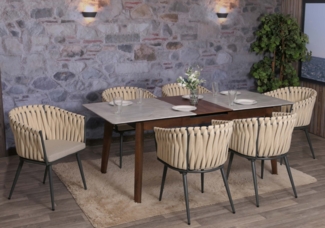 6er-Set Aluminium-Esszimmerstuhl HWC-N38, Indoor Stuhl Armlehne, Olefin Seilgeflecht Rope ~ creme Kissen hellbraun