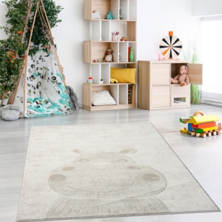 Teppich Kinderzimmer 120x160cm - Pastell Beige Creme - Kurzflor Spielteppich mit niedlichem Nilpferd Motiv