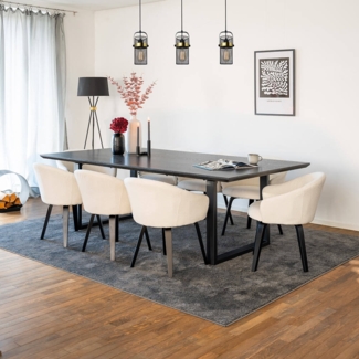 HOME DELUXE Essgruppe Eckig AVENCIA inkl. U-Fuß - 240 x 120 cm Dark Oak 8 Stühle Bouclé Weiß
