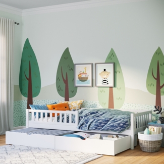 Bellabino 'Vils' Kinderbett 90x200 cm mit großer Schublade, weiß, Kiefer Massivholz, Montessori Bett mit Stauraum, mit abnehmbarem Rausfallschutz und Lattenrost