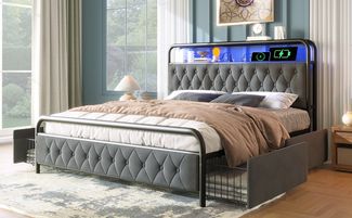 Polsterbett 160×200 cm mit LED, Bettkasten-Schubladen & USB/Typ-C-Ladeanschlüssen, grau