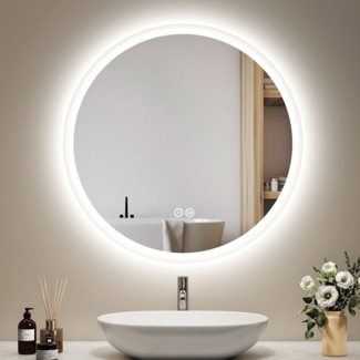 EMKE Badspiegel mit Beleuchtung Rund Badezimmerspiegel ф70cm, 3 Lichtfarbe, Touch-Schalter, Beschlagfrei, Speicherfunktion