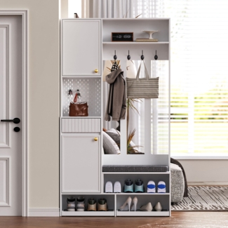 Merax Garderobenset, Komplett-Set Flurgarderobe mit Sitzbank, 4 Haken, Türen & Schubladen - Weiß