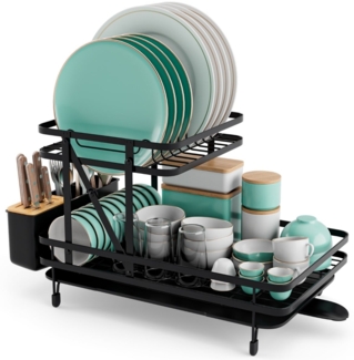 Abtropfgestell 2-Stöckiger Zusammenklappbarer Geschirrkorb aus Metall Schwarz