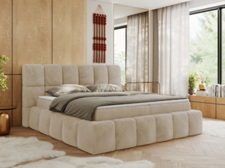 Boxspringbett mit dekorativem Kopfteil, Doppelbett mit zwei 7 Härtezonen Multipocket-Matratzen, Bettkästen, Polsterbett - NIRA - 160 x 200 cm - Creme Stoff - H3