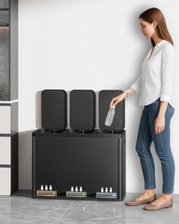 Mülleimer Küche, Mülltrennsystem 3 Fächer 45L (3 x 15 L), Edelstahl-küchenmülleimer, Tretmülleimer mit Farbcodierbaren Pedalen, Abfalleimer Ruhiger Langsamer Abstieg, Schwarz