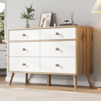 Schubladenschrank 116x40x80 cm, Holzfarbe + Weiß, 6 Schubladen, moderne Aufbewahrung