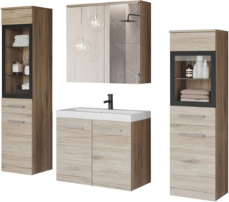 welltime Badmöbel-Set MADRIT II, Schrank mit Waschbecken, 2 Hänger, Spiegelschrank, (Komplett-Set, 5-St), Hängende Badmöbel mit Glaseinsätzen – in vielen Farben erhältlich