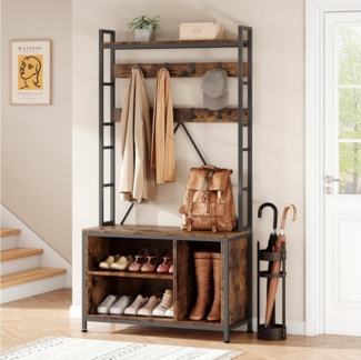 GarveeMore Garderobenständer 5-in-1 mit Schuhbank,3 Etagen Ablage und 8 Haken,178cm, mit Schuhschrank,verstellbare Füße,für Flure,Wohnzimmer,93x35x178cm