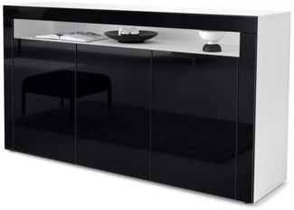 Vladon Sideboard Valencia, Kommode mit 3 Türen und 1 offenem Fach, Weiß matt/Schwarz Hochglanz/Schwarz Hochglanz (155 x 92 x 40 cm)