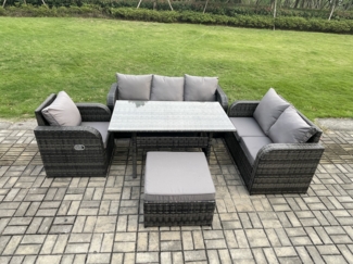 Fimous 7 Sitzer Garten Rattanmöbel Esstisch Sofa Set mit Liegestuhln Großer Fußhocker Dunkelgrau gemischt