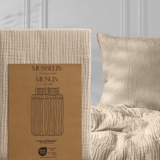 Hausfelder Bettwäsche Musselin 2er Set, 1 x Bettbezug 135x200 + 1 x Kissen 40x80, Hellbeige, 2 teilig, Crinkle-Effekt, atmungsaktiv, temperaturausgleichend