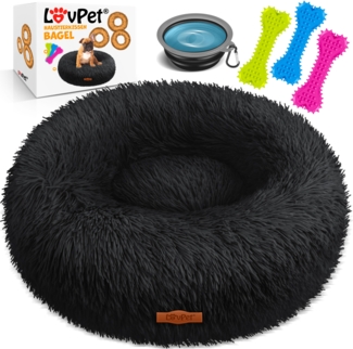 LOVPET® Hundebett Hundekissen Katzenbett Bagel, Waschbar, Inkl. Napf + 3x Kauknochen, Hundesofa flauschig Kissen Rund aus Plüsch für Kleine, Mittelgroße & Große Hunde, Katzen Schwarz, L (60x60 cm)