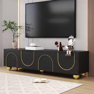 TV-Schrank 170x38x44 cm Schwarz mit goldenen Akzenten,4 Türen Regale Push-to-Open Mechanismus