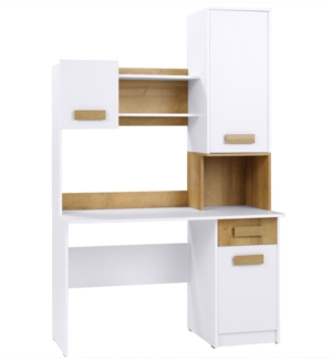Marmex Möbel Grant 11/12 Schreibtisch mit Verlängerung, Schreibtisch mit Schublade und Stauraum, Studiertisch, für Kinder, Jugendschreibtisch, laminierte Spanplatte, weiß+riviera Eiche, 125x195x52,5 cm