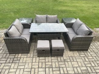 Fimous 8 Sitzer Outdoor Rattan Gartenmöbel-Set mit Terrassen Rechteckiger Esstisch 2 Beistelltischen Liebe Sofa 2 kleine Fußhockern Dunkelgrau gemischt