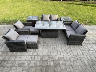 Fimous Gartenmöbel-Set im Freien 9 Stücke Polyrattan Möbel Sofa Esstisch Set mit 2 Kleiner Fußhocker 2 Beistelltische Dunkelgrau Gemischt