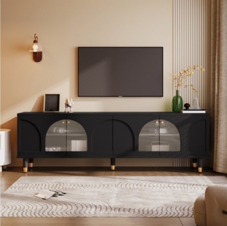 Ulife Lowboard TV-Ständer,TV Board, TV-Schrank mit gewölbten geriffelten Glastüren, 4 Türen – 173 x 38 x 59 cm