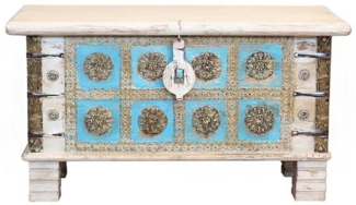 Oriental Galerie Truhe Indische Truhe Weiß Türkis 80 cm (1 St), Beistelltisch, Holztruhe, Antik, Wäschetruhe, Möbeltruhe, Holzkiste
