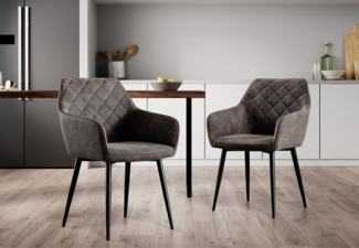 Home Collective Esszimmerstuhl Küchenstuhl Bürostuhl aus Stoff mit schwarzen Metallbeinen (Maße Stuhl: 57 x 57 x 65 cm, Sitzhöhe: 47 cm), 2er-Set, bequem gepolstert, höhenverstellbaren Standfüßen, dunkel grau