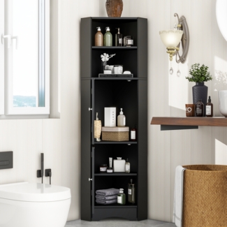 Badezimmerschrank mit Dreiecksdesign, multifunktionaler Eckschrank mit offenen und geschlossenen Ablagen, wasserdicht,Schwarz