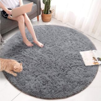 LuxusKollektion Hochflor-Teppich Teppich rund flauschig rutschfest weich Wohnzimmer 140 cm (Rund) Grau