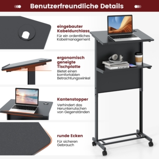 Stehpult höhenverstellbar Steh-Sitz Schreibtisch mit Rollen mobiler Stehschreibtisch Schwarz