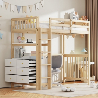 Flieks Hochbett Massivholz Kinderbett 90x200 cm mit 6-Schubladen-Kommode und Regal