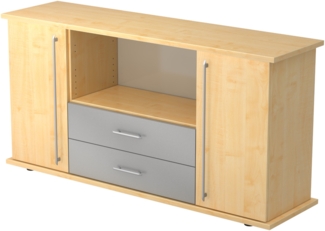 bümö Sideboard Ahorn mit Flügeltüren & Regal - Büromöbel Sideboard mit Schubladen Holz 166cm breit, 45cm schmal, Büro Schrank für Flur oder als Wohnzimmer-Kommode mit Relinggriff, SBTS-3-3-RE