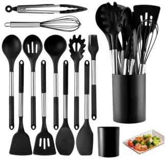 REDOM Kochbesteck-Set 12er Küchenutensilien Set Küchenhelfer (Küchenset mit Utensilienhalter und Aufhängeloch, 12-tlg, aus Silikon und Edelstahl, Antihaft, Hitzebeständig), kratzfest spülmaschinenfest, für Kochen Braten Schöpfen Mischen usw.