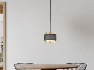 LED Hängelampe einflammig, Metall Gold mit Stoffblende Schwarz, Ø 21cm