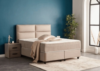 abc bedding Boxspringbett Komfortbett SENNA mit Webstoff in Beige, Voll-orthopädisches Schlafsystem inklusive Bettkasten