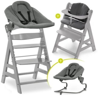 Hauck Hochstuhl Alpha Plus Grey Newborn Set, Holz Babystuhl ab Geburt inkl. Aufsatz für Neugeborene & Sitzauflage