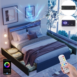 oyajia Polsterbett Musik Doppelbett 140x200cm, RGB LED Stauraumbett mit 4 Schubladen (Leinenmaterial Polsterbett mit Bluetooth-Lautsprecher), mit Lattenrost und Ladefunktion, Komfort Leises Multifunktionsbett