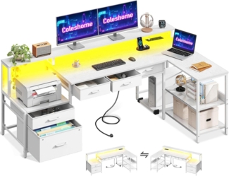 Schreibtisch L Form Gaming Tisch LED USB Weiß 175x100cm