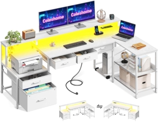 Schreibtisch L Form Gaming Tisch LED USB Weiß 175x100cm