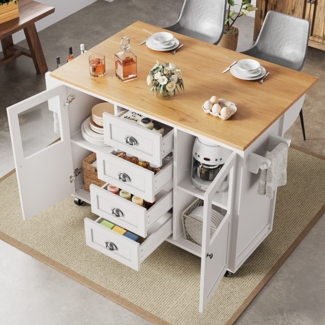 Kücheninsel,Küchenschrank,Buffetschrank,120x73(45)x93cm,ausziehbarer Küchenwagen mit Rollen, Handtuchhalter, Gewürzregal, verstellbaren Einlegeböden, zwei Türen, vier Schubladen, weiß/schwarz
