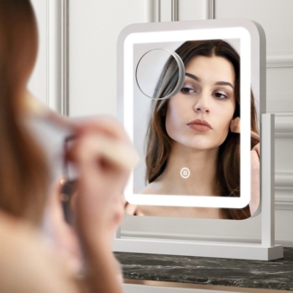 WDWRITTI Kosmetikspiegel 10 fach vergrösserung LED Schminkspiegel LED Streifen (Tischspiegel stehend, 3Lichtmodi, Dimmbar, Speicherfunktion), mit Netzadapter & rutschfeste Pad