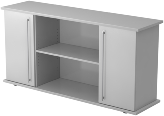 bümö Sideboard grau mit Flügeltüren & Regal - Büromöbel Sideboard Holz 166cm breit, 45cm schmal, Büro Schrank für Flur oder als Wohnzimmer-Kommode mit Relinggriffen, SB2T-5-5-RE