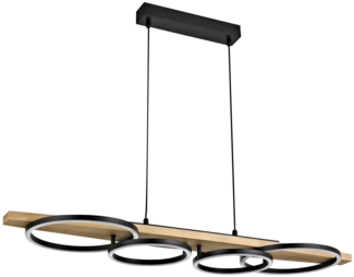 casa NOVA LED Pendelleuchte TONDO, 4-flammig, 95 x 25 cm, Schwarz, Metall, Memoryfunktion, LED fest integriert, Warmweiß, Holzaufhängung, 3-Stufen Dimmer, Memoryfunktion