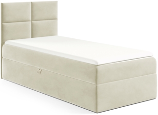 MEBLINI Kinderbett mit Bettkasten MINO 3 100x200 Links – H3/Creme Samt Gepolstert Einzelbett mit Matratze - Polsterbett mit Stauraum - Bett mit Kopfteil – Stauraumbett