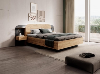 Vente-unique - Bett mit Nachttischen + Lattenrost + Matratze - 160 x 200 cm - Mit LED-Beleuchtung - Holzfarben & Schwarz - JUVISIA