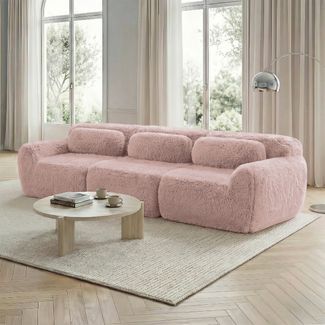 Flieks 3-Sitzer Sofa, rahmenlos modular Sofa mit 3 Kissen, rutschfester Boden, Plüsch, Rosa