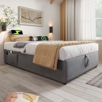 Einzelbett 90x200 cm mit hydraulischem Stauraum, Kopfteil-Bücherregal, USB & Type-C Ladefunktion,Grau