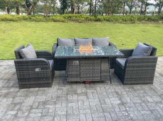 Fimous Dunkelgrau Gemischt Rattan Outdoor Gartenmöbel Gas Feuerstelle Brenner Tisch Sets Lounge Sofa Liegestühle 5 Sitzer