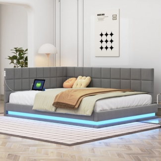 HAUSS SPOLE Schlafsofa 140x200cm mit LED Lichtleiste, USB Steckdose, Lattenrost, Samt Grau, Multifunktionales Polsterbett-Schlafsofa mit LED-Lichtleiste und USB-Anschluss, ohne Matratze