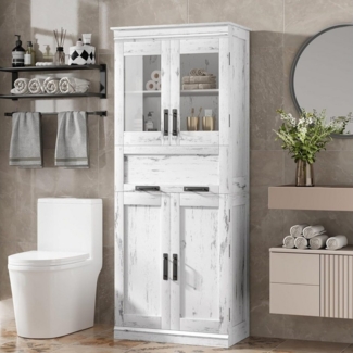 GarveeMore Hochschrank Badezimmerschrank mit 4 Türen, Aufbewahrungsschrank mit verstellbaren mit Glastüren und 1Schubladen,für Küche Speisekammer Wohnzimmer,170cm