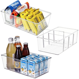 SURFOU Aufbewahrungsbox 3er-Set Kühlschrank Organizer mit Trennwänden – stapelbare Snackboxen (3er- Set Kühlschrank Organizer, BPA-freie Snack Containers mit 4 Fächern (26,5x15,5x9 cm), Transparent & Platzsparend, Snack Organizer, Cabinet Organizer, Ge...