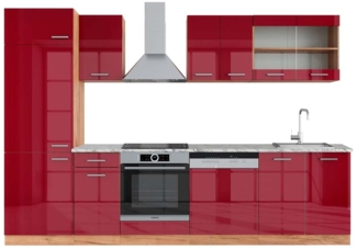 Küchenzeile R-Line Rot Hochglanz/Goldkraft Eiche 300 cm , AP Marmor Vicco